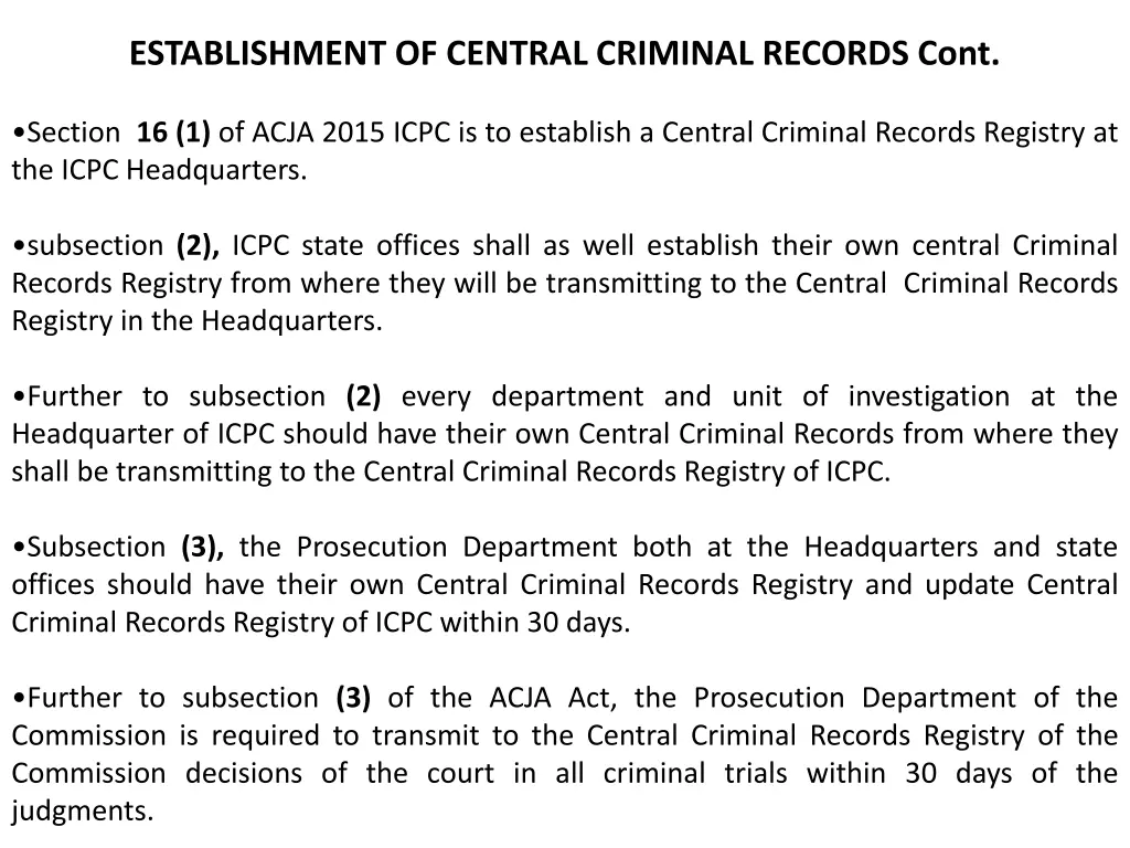 establishment of central criminal records cont