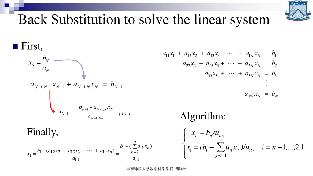 back substitution to solve the linear system