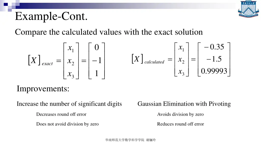example cont compare the calculated values with