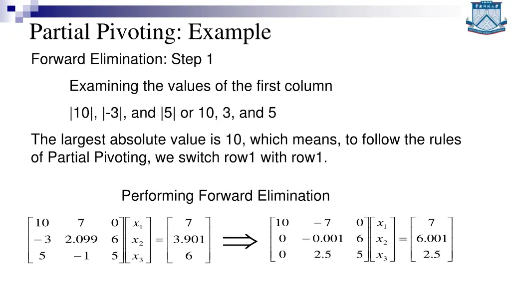 partial pivoting example forward elimination step