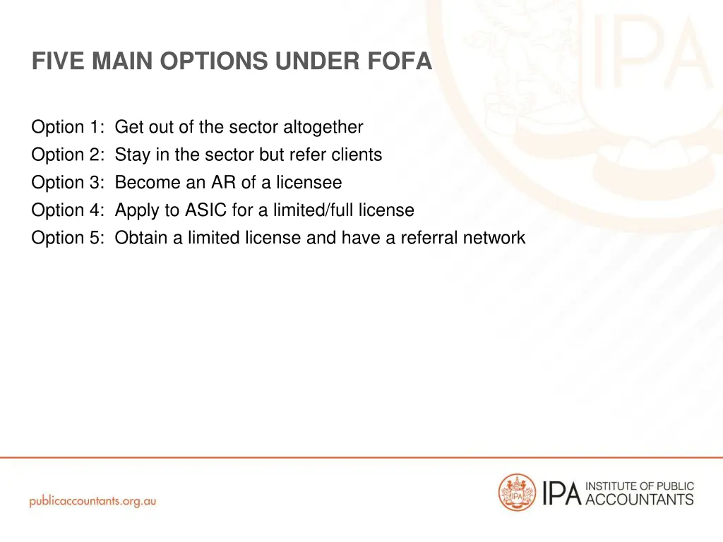 five main options under fofa