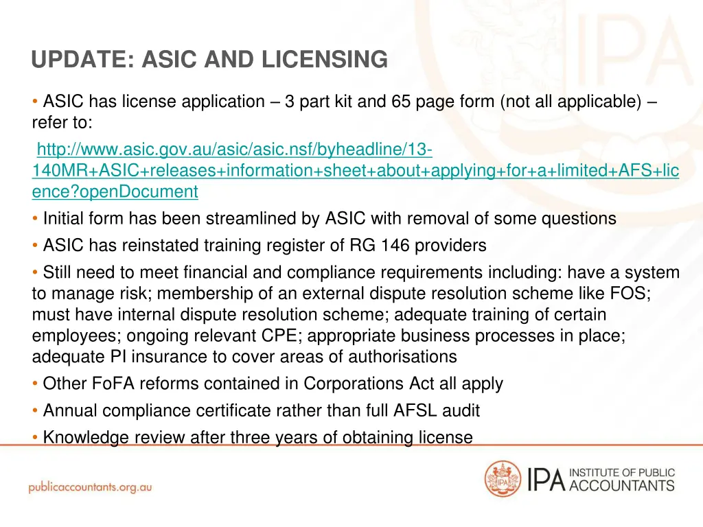 update asic and licensing