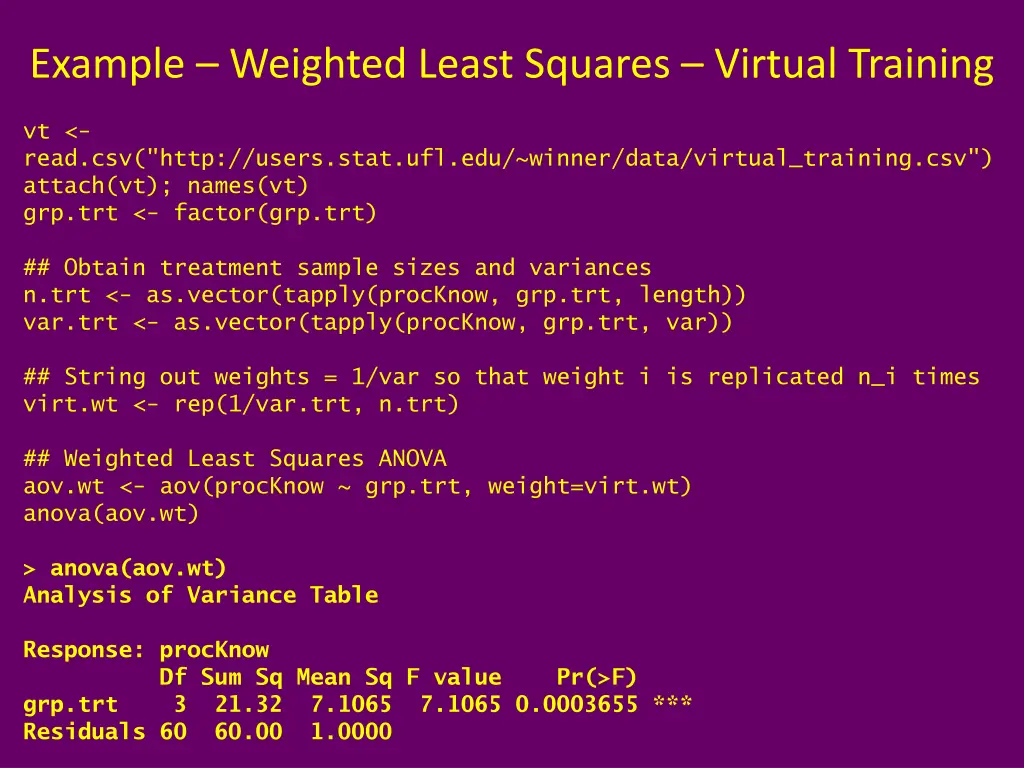 example weighted least squares virtual training