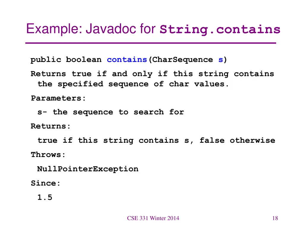 example javadoc for string contains