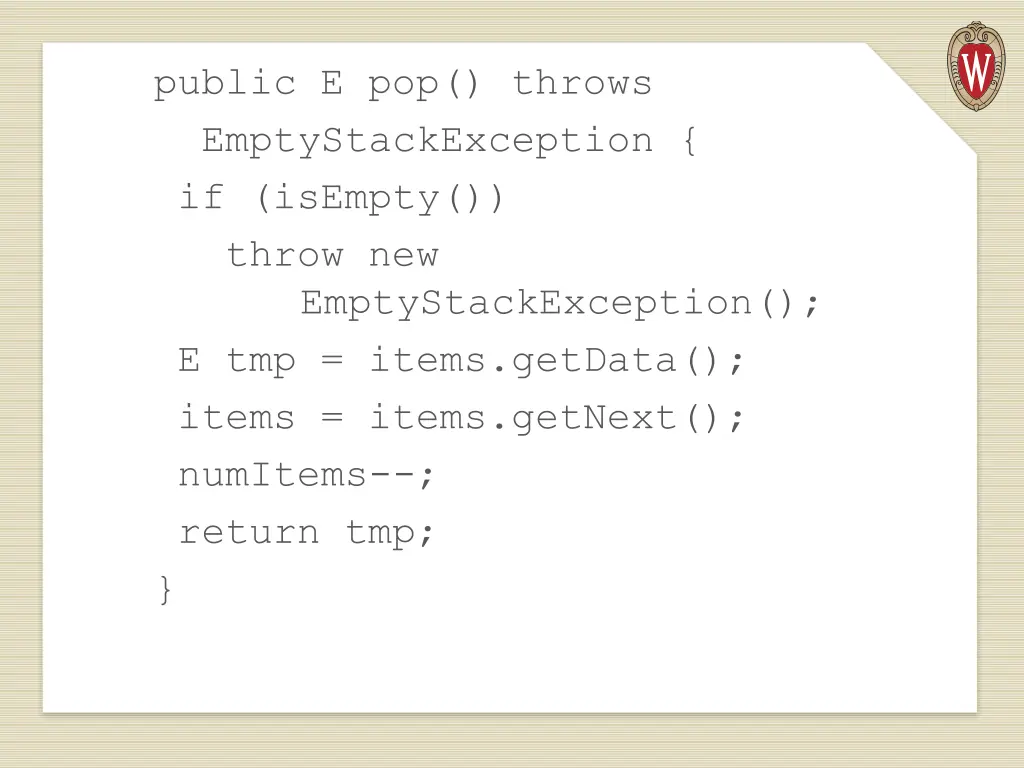 public e pop throws emptystackexception