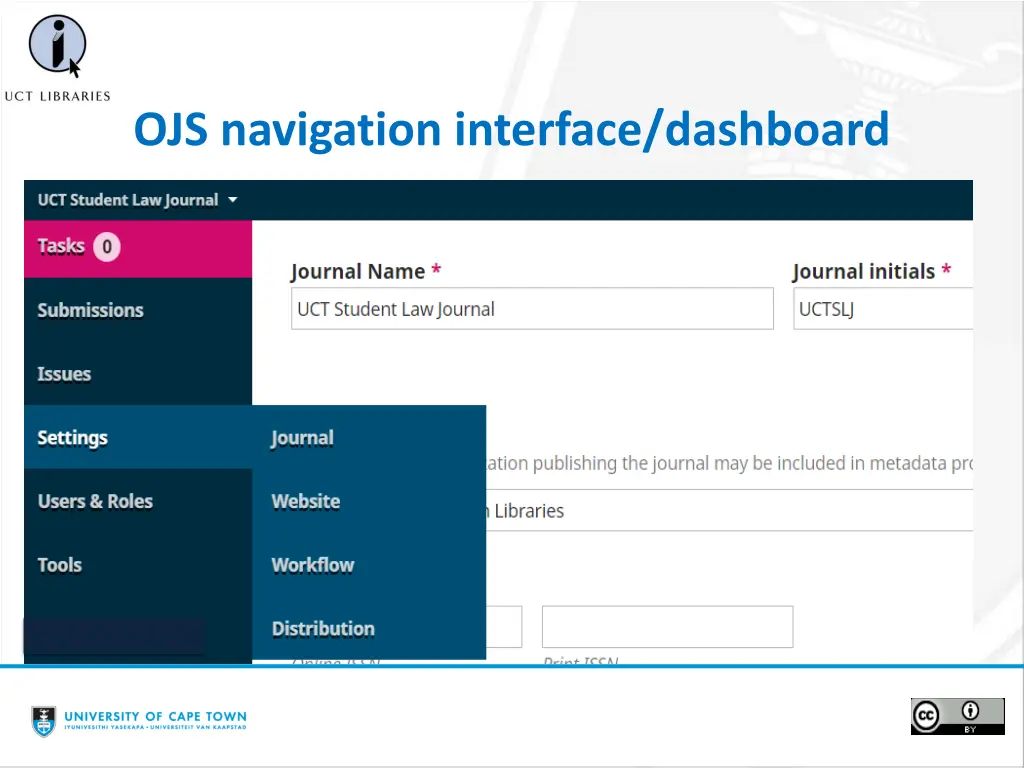 ojs navigation interface dashboard