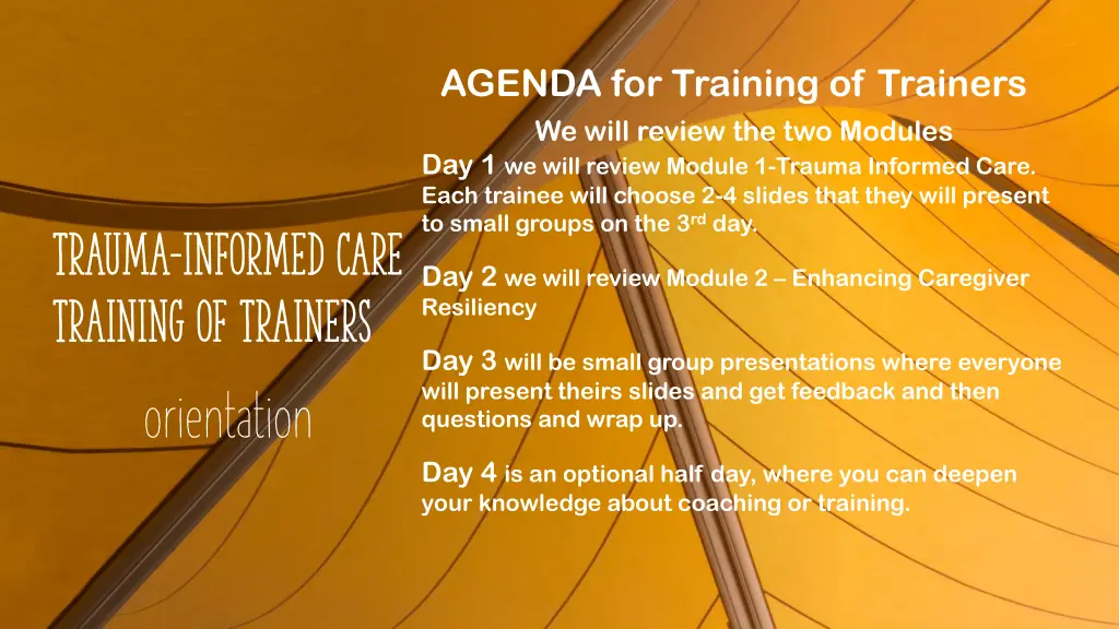 agenda for training of trainers we will review