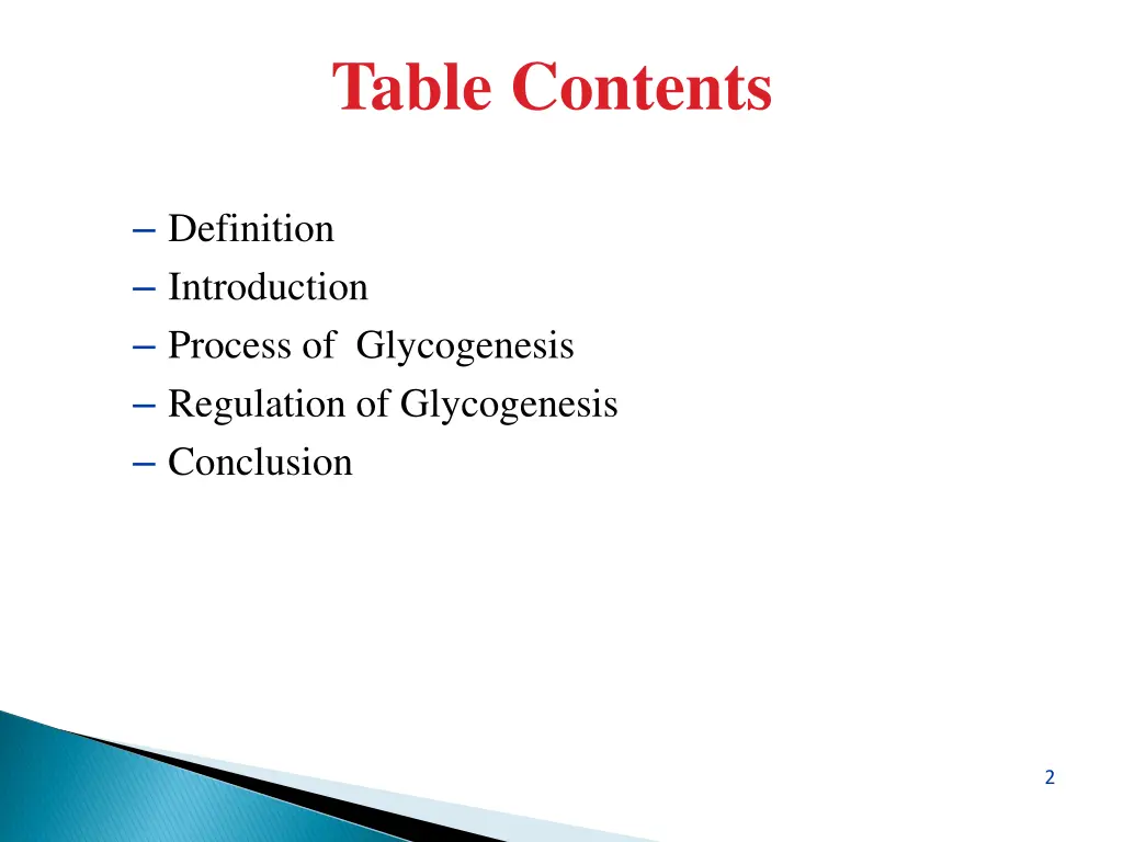 table contents