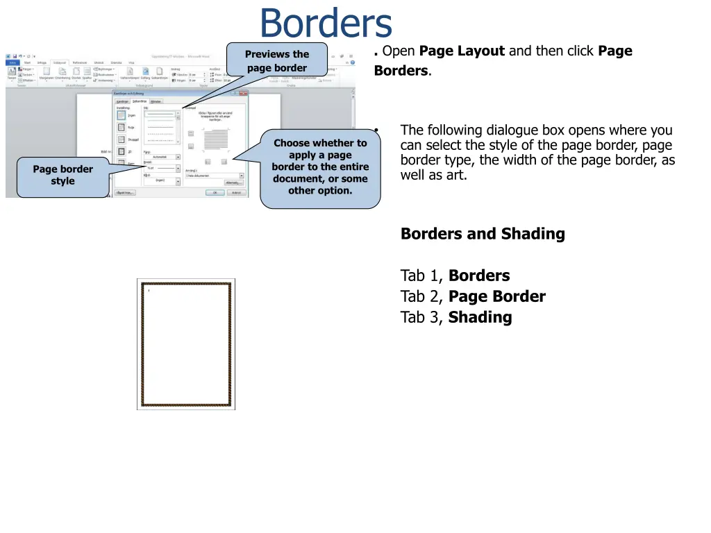 borders previews the page border