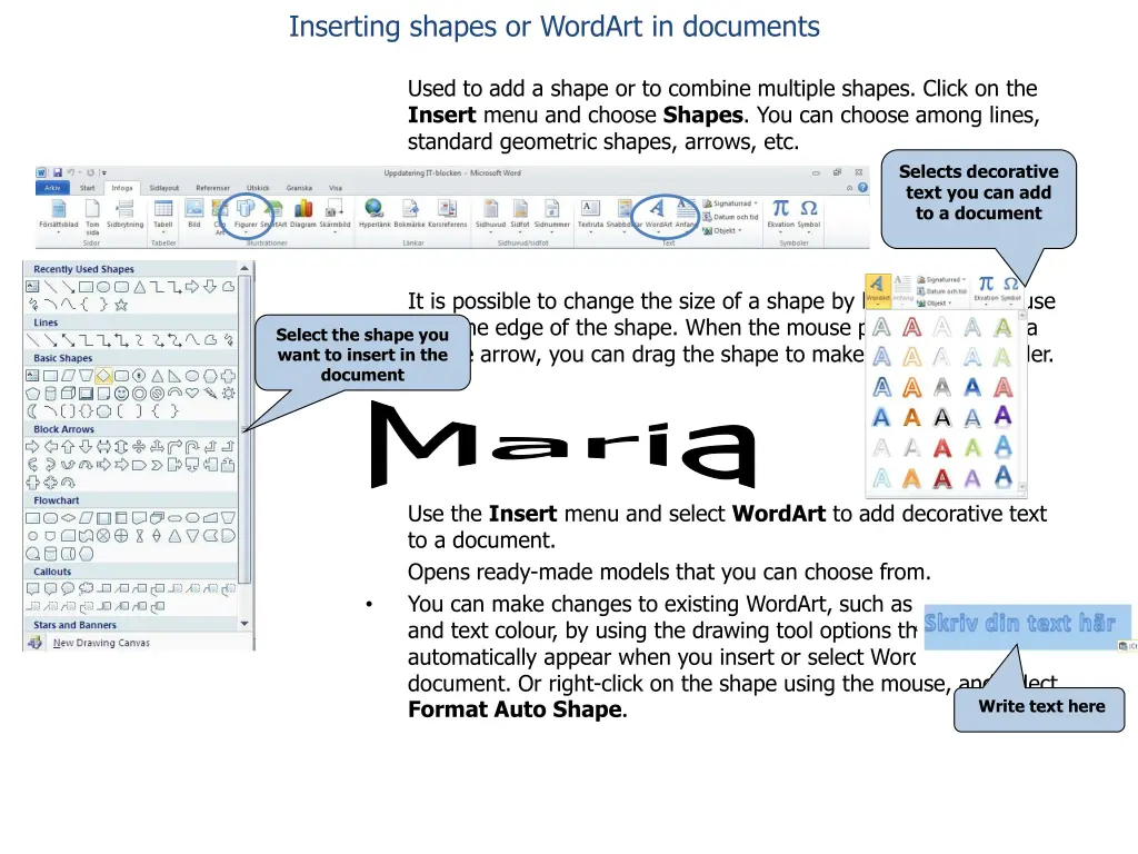 inserting shapes or wordart in documents