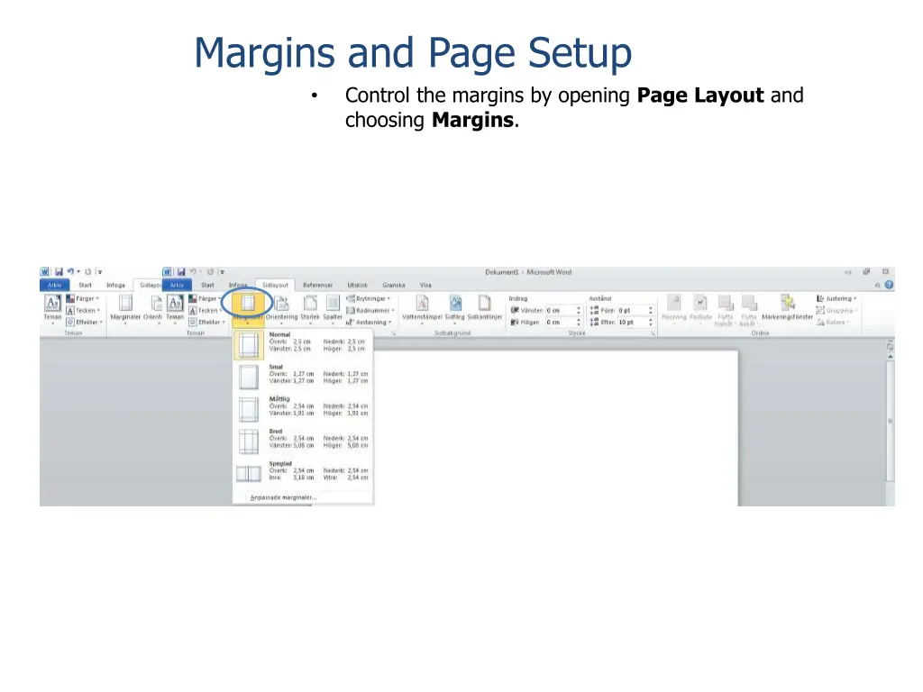 margins and page setup control the margins