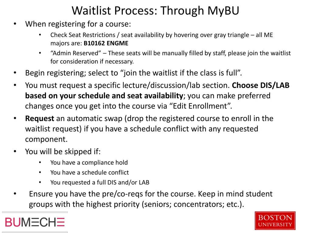 waitlist process through mybu when registering