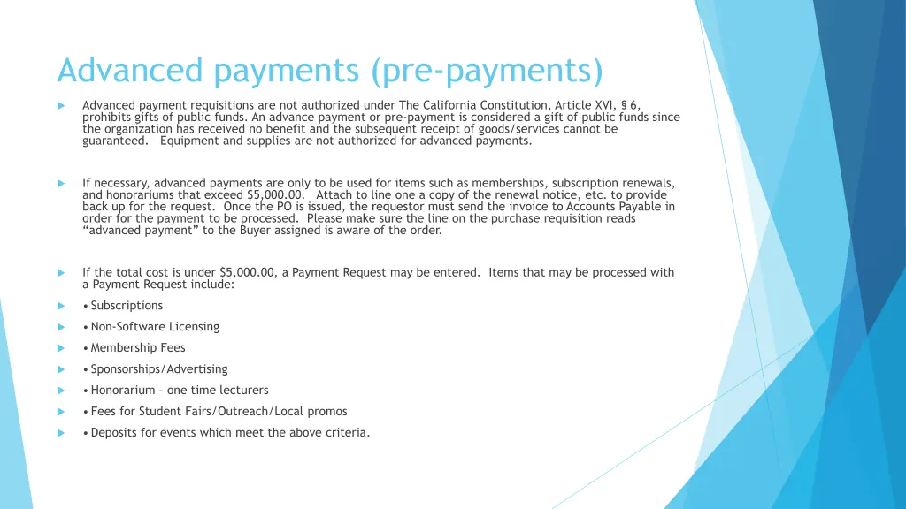 advanced payments pre payments