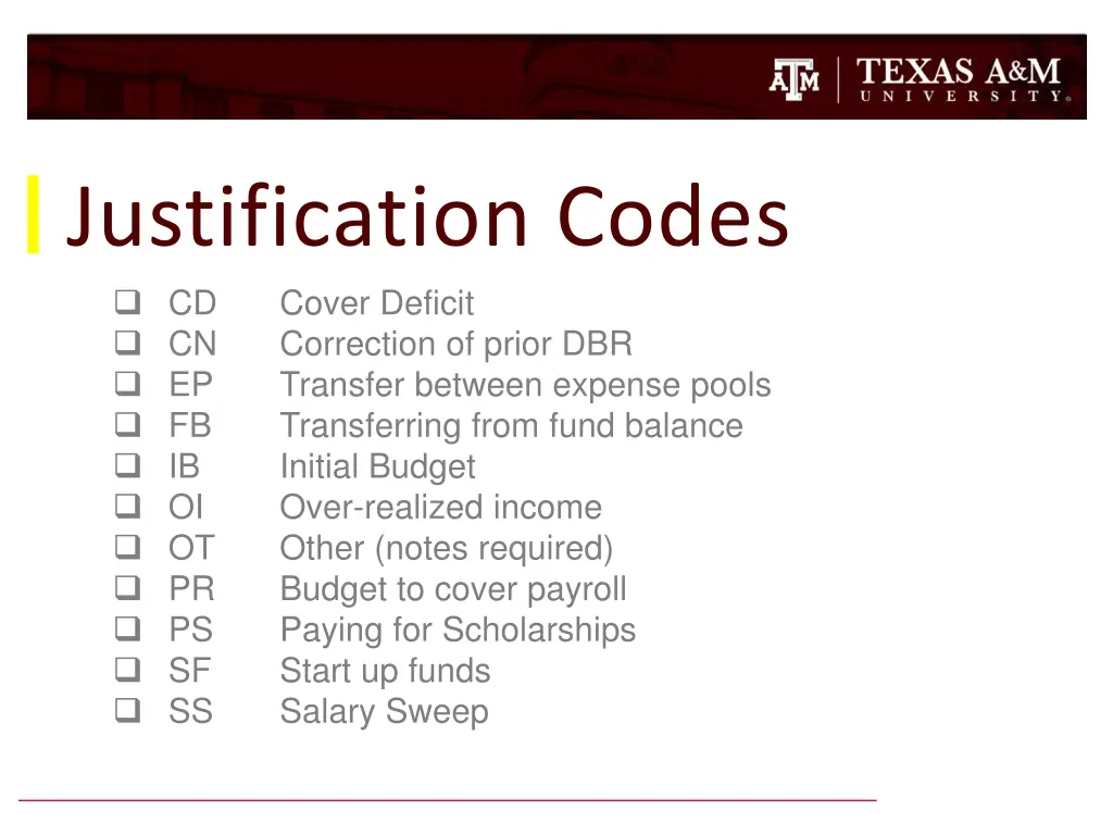 justification codes cd cover deficit