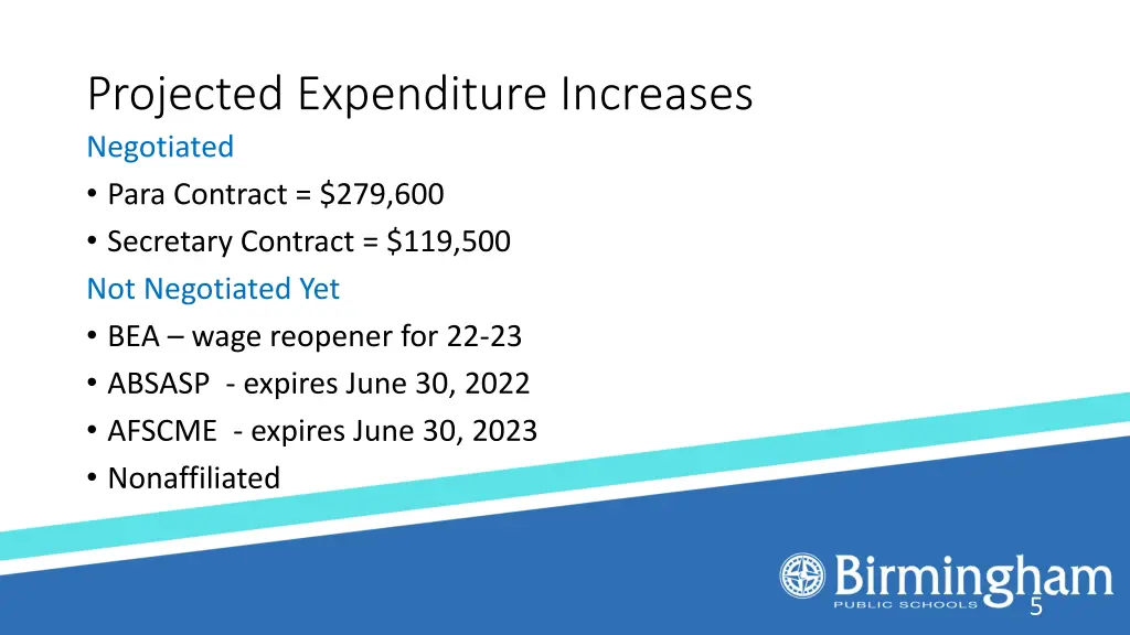 projected expenditure increases negotiated para