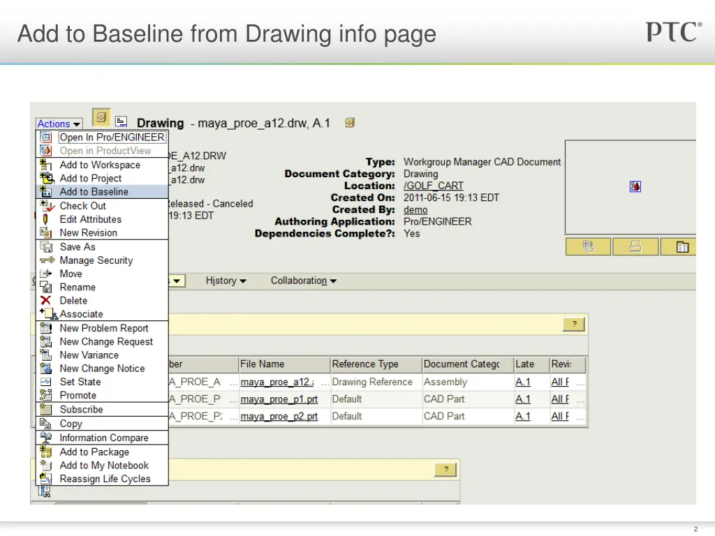 add to baseline from drawing info page