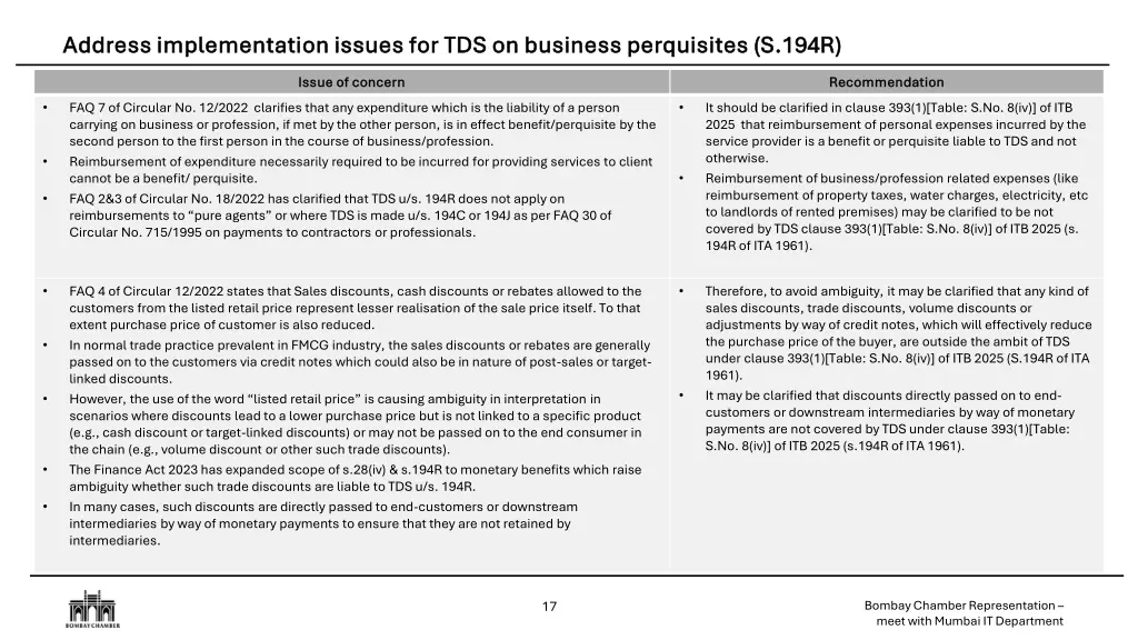 address implementation issues for tds on business 1