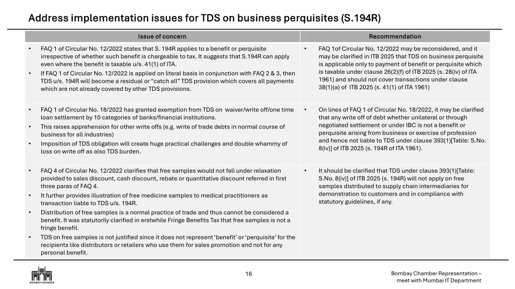 address implementation issues for tds on business