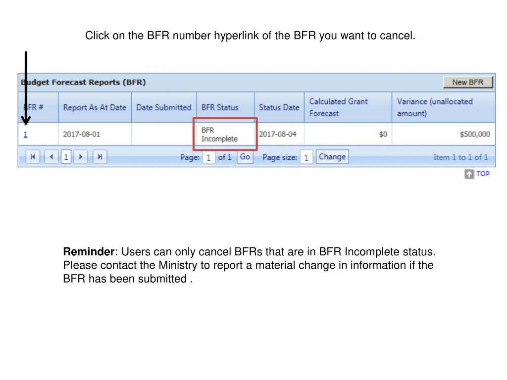 click on the bfr number hyperlink