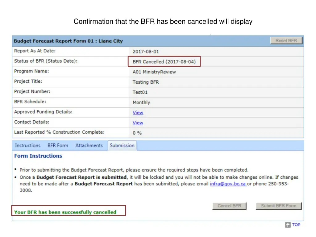 confirmation that the bfr has been cancelled will