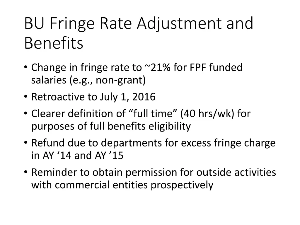 bu fringe rate adjustment and benefits
