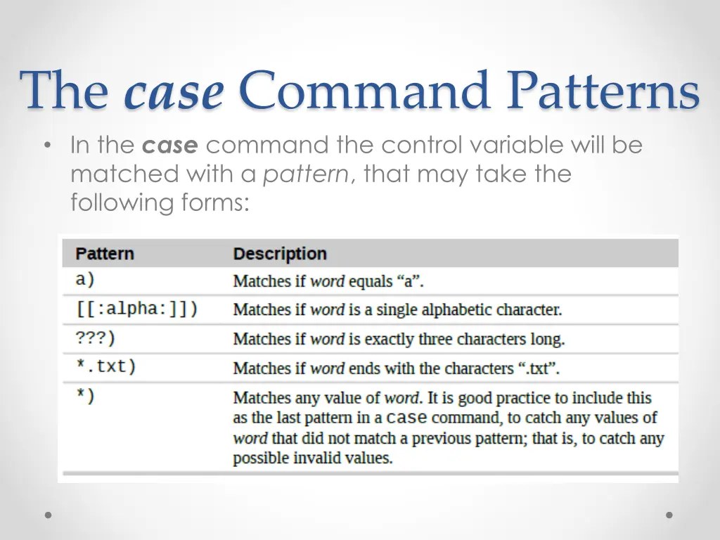the case command patterns in the case command