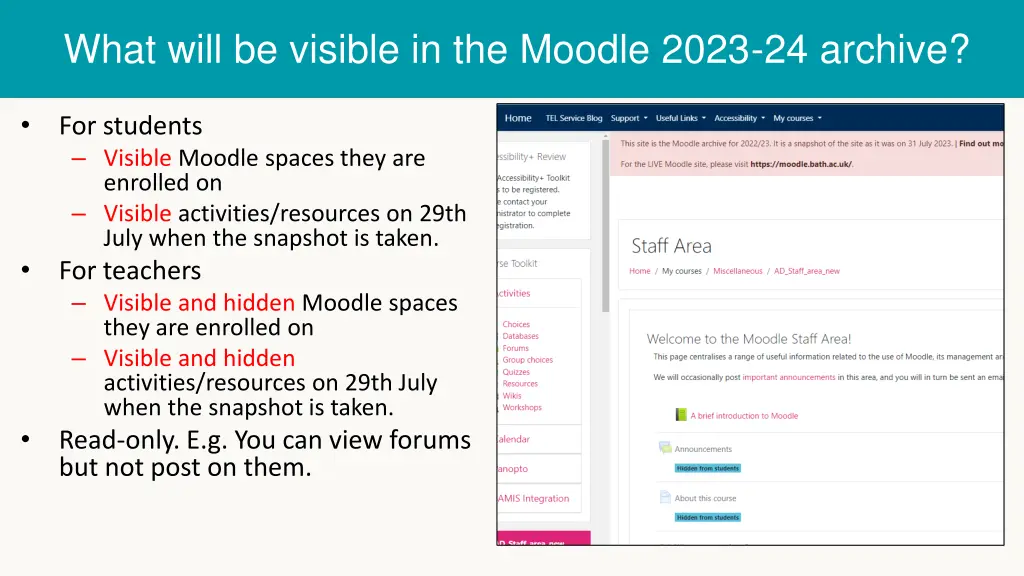 what will be visible in the moodle 2023 24 archive