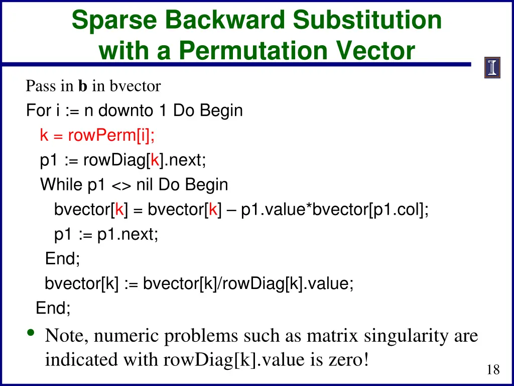 sparse backward substitution with a permutation