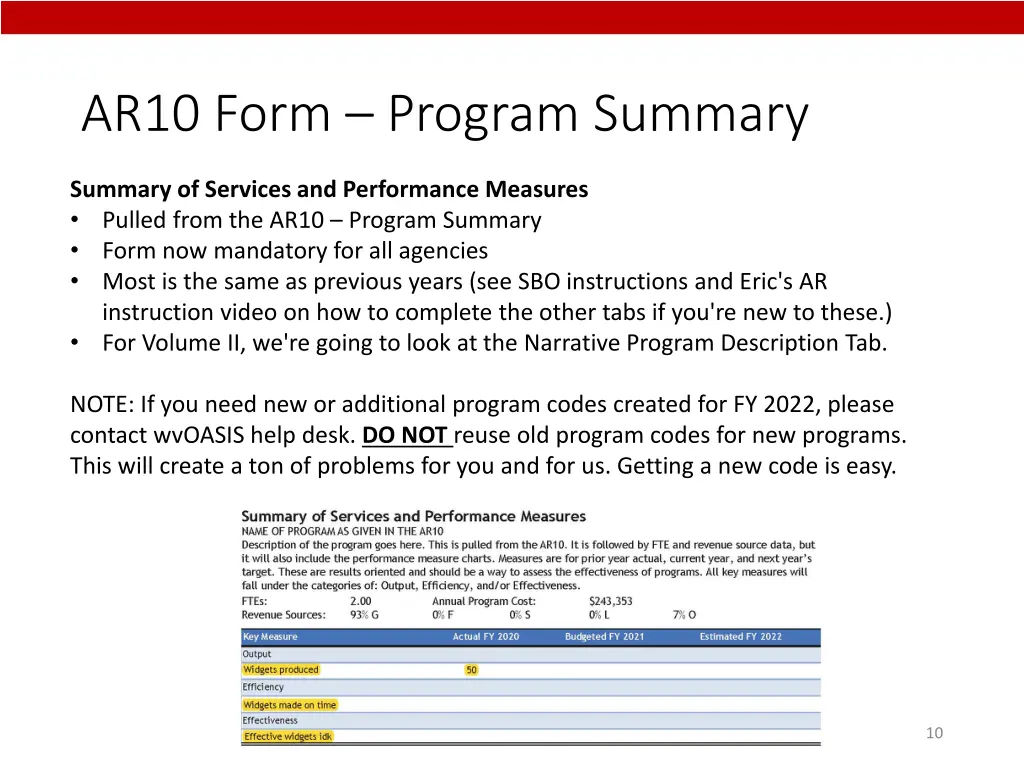 ar10 form program summary
