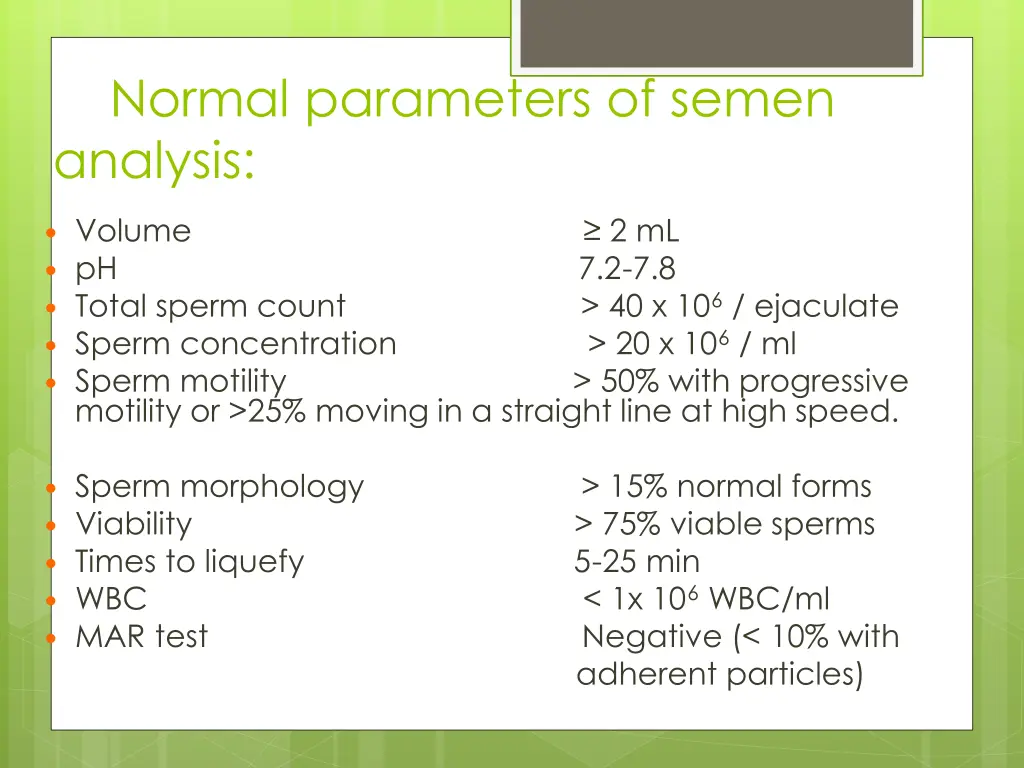 normal parameters of semen analysis