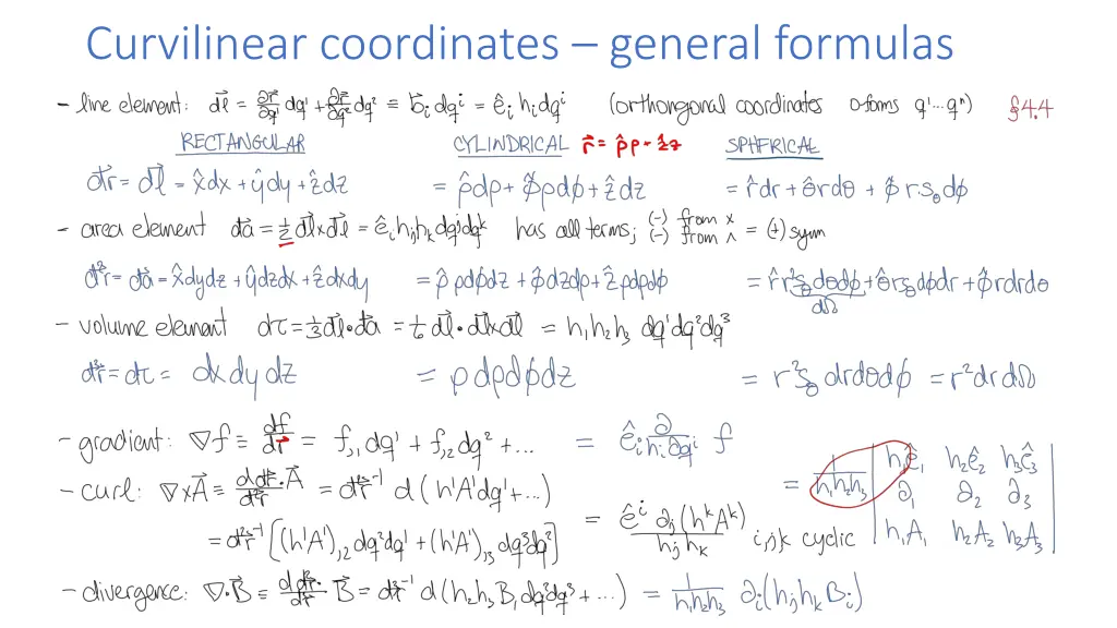 curvilinear coordinates general formulas