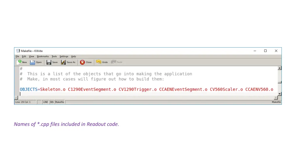 names of cpp files included in readout code