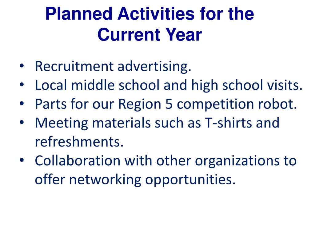 planned activities for the current year