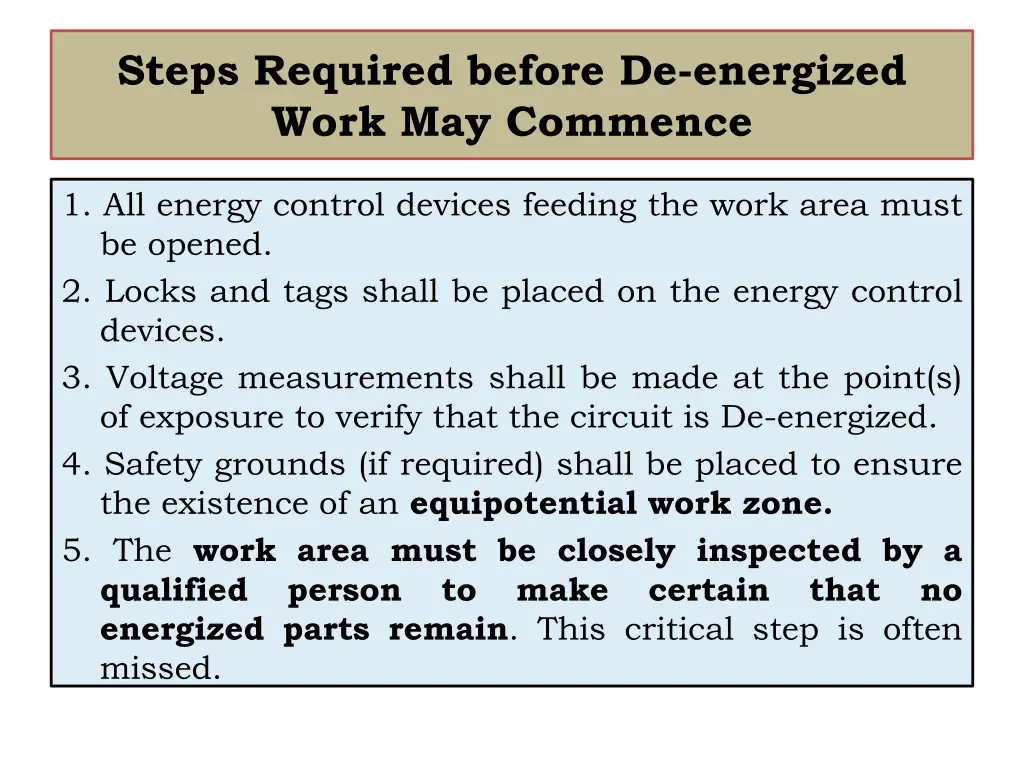 steps required before de energized work