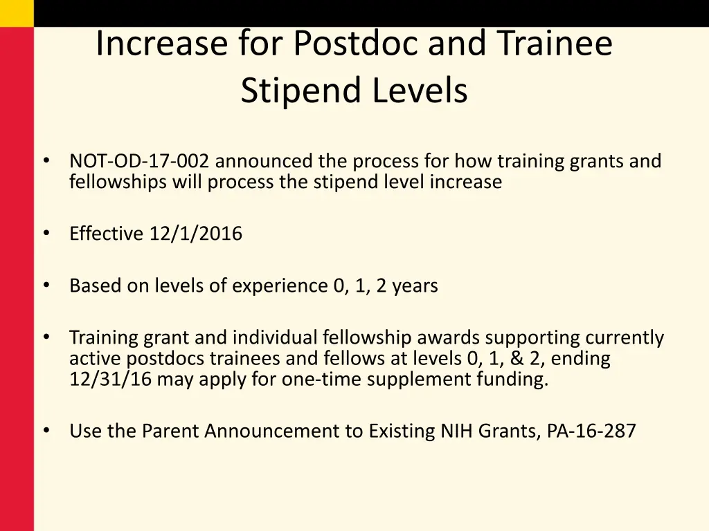 increase for postdoc and trainee stipend levels