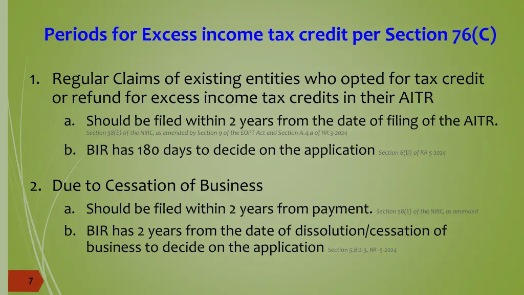 periods for excess income tax credit per section