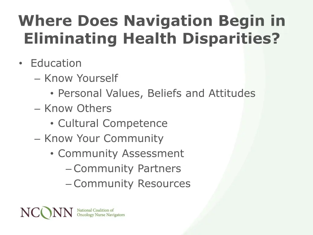 where does navigation begin in eliminating health