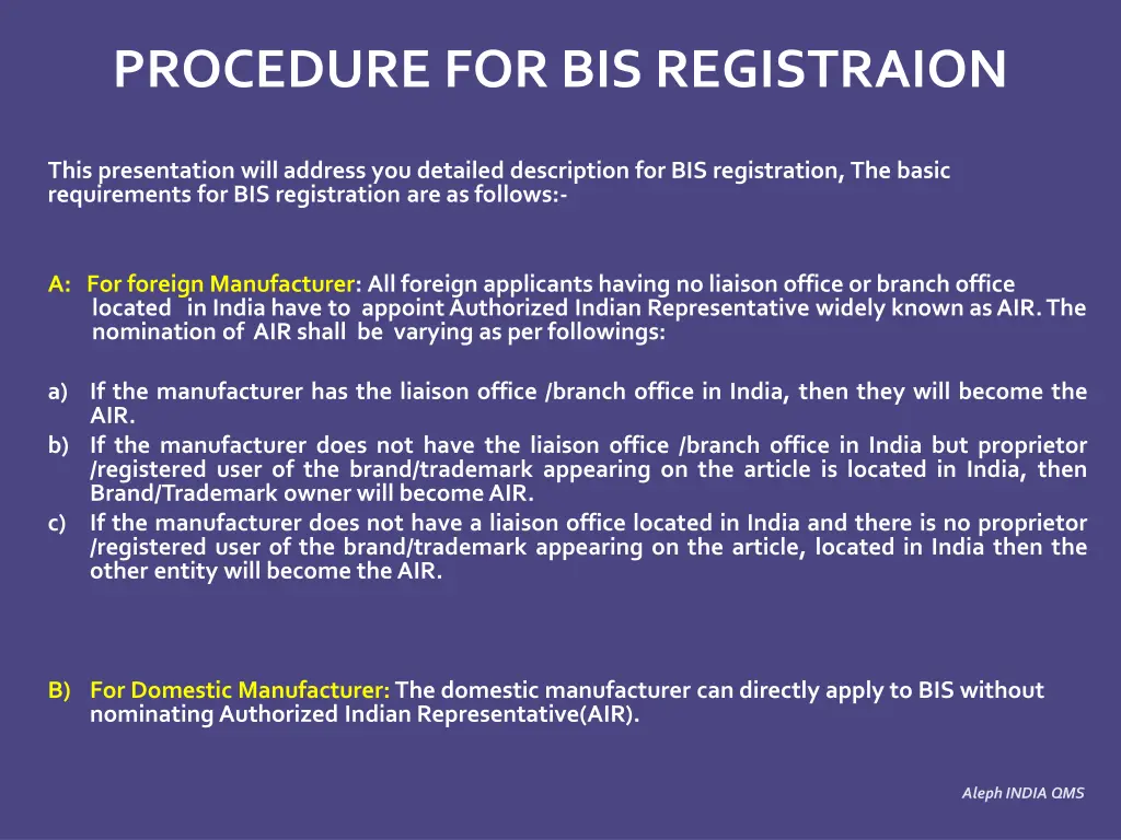 procedure for bis registraion