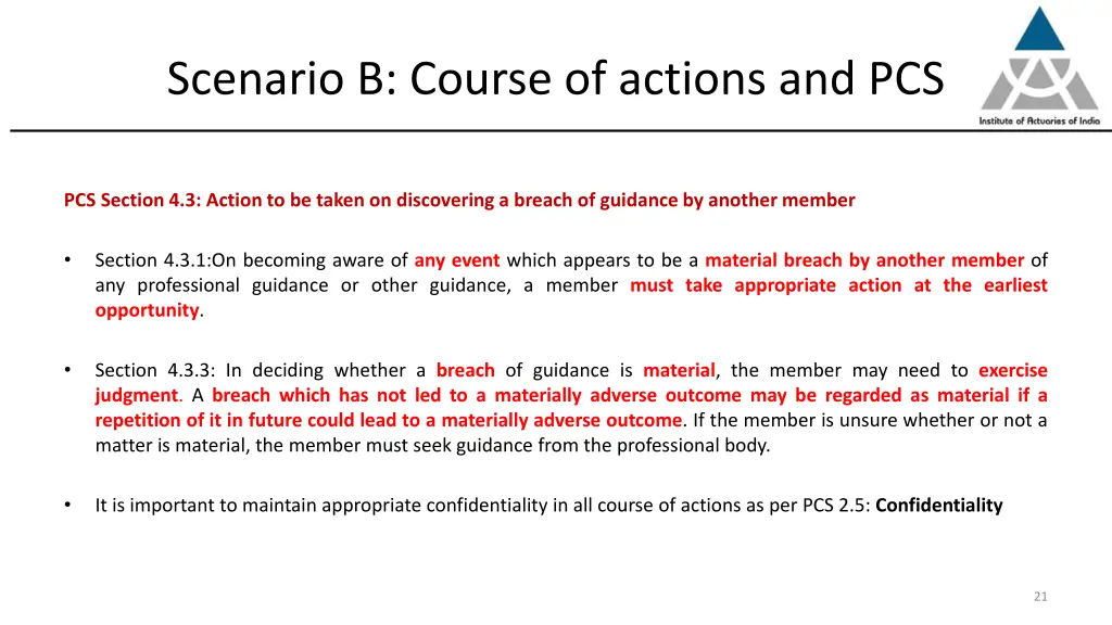 scenario b course of actions and pcs
