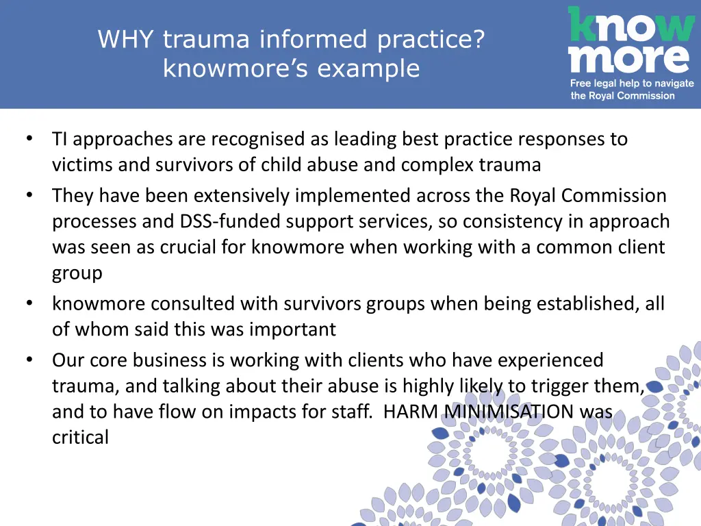 why trauma informed practice knowmore s example
