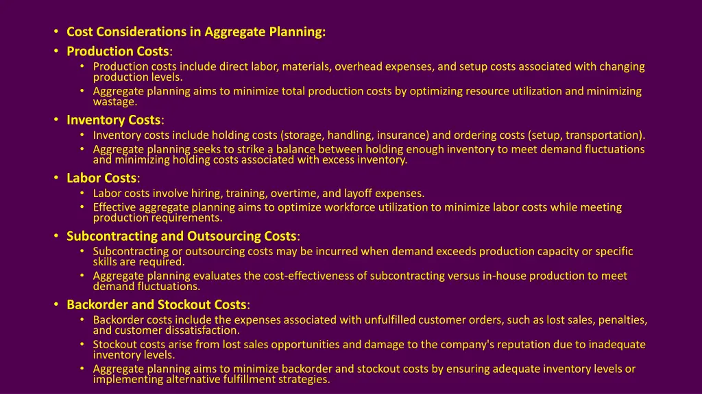 cost considerations in aggregate planning