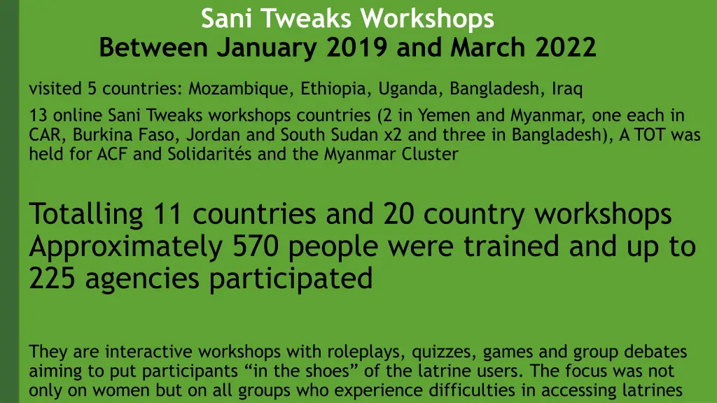 sani tweaks workshops between january 2019