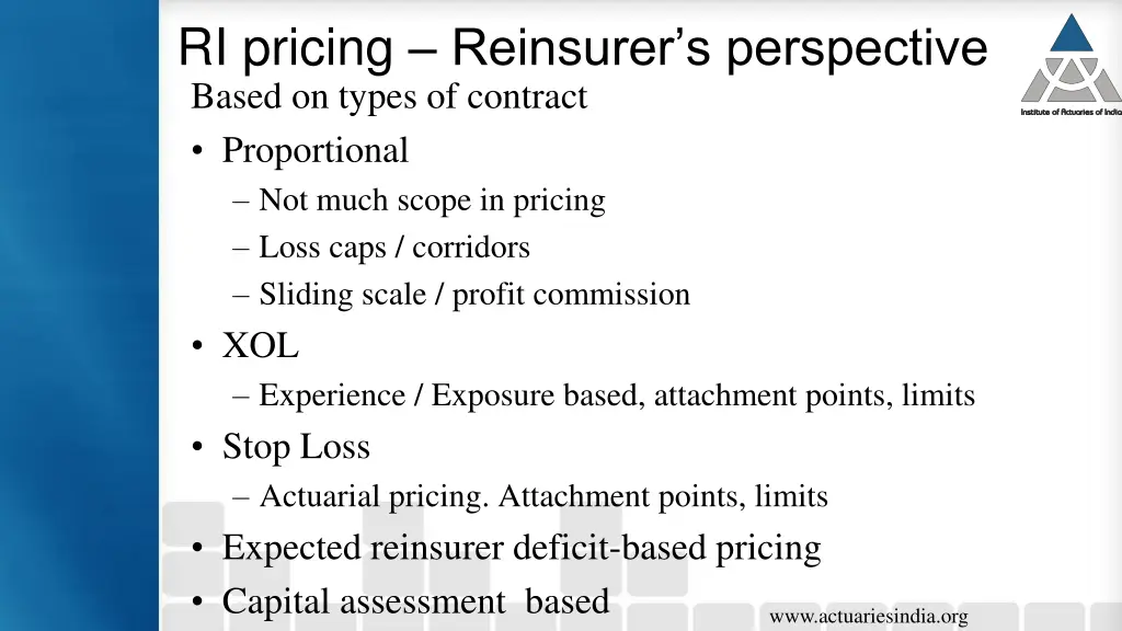 ri pricing reinsurer s perspective based on types