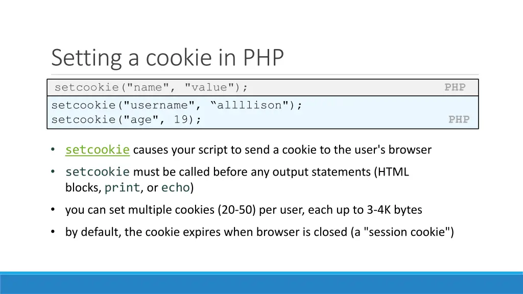 setting a cookie in php