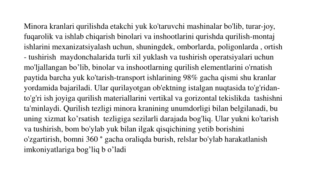 minora kranlari qurilishda etakchi