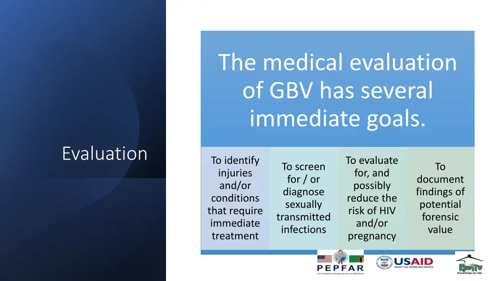the medical evaluation of gbv has several