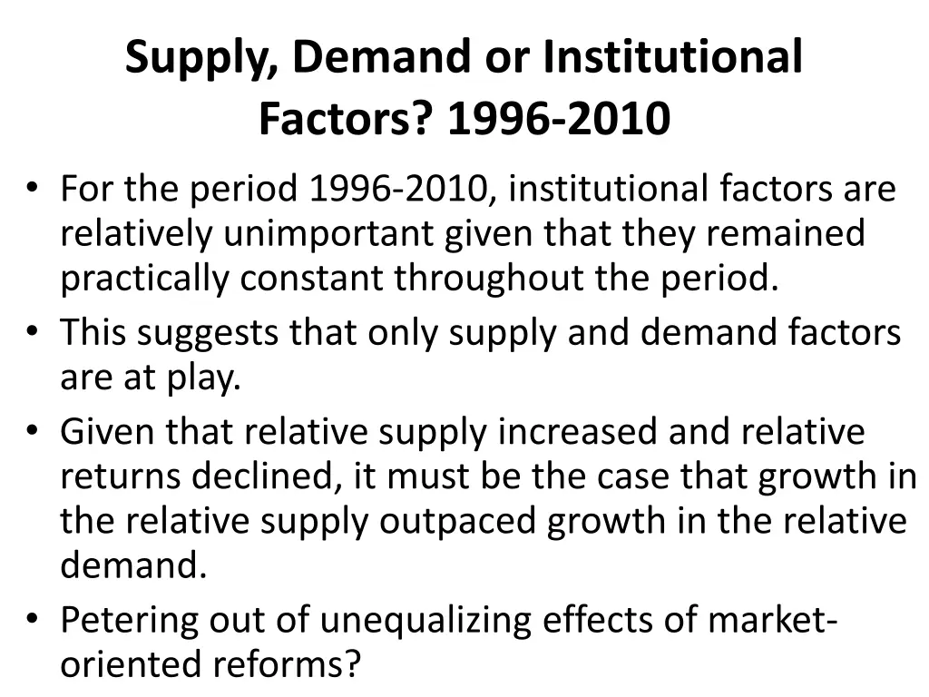 supply demand or institutional factors 1996 2010