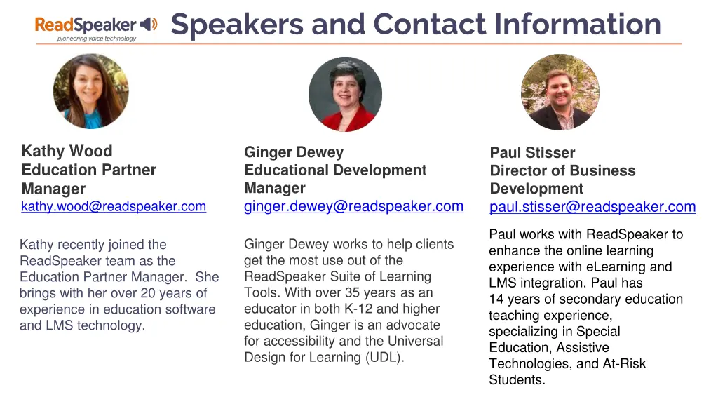 speakers and contact information