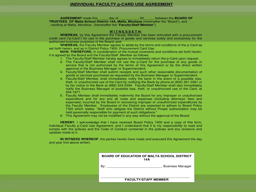 individual faculty p card use agreement