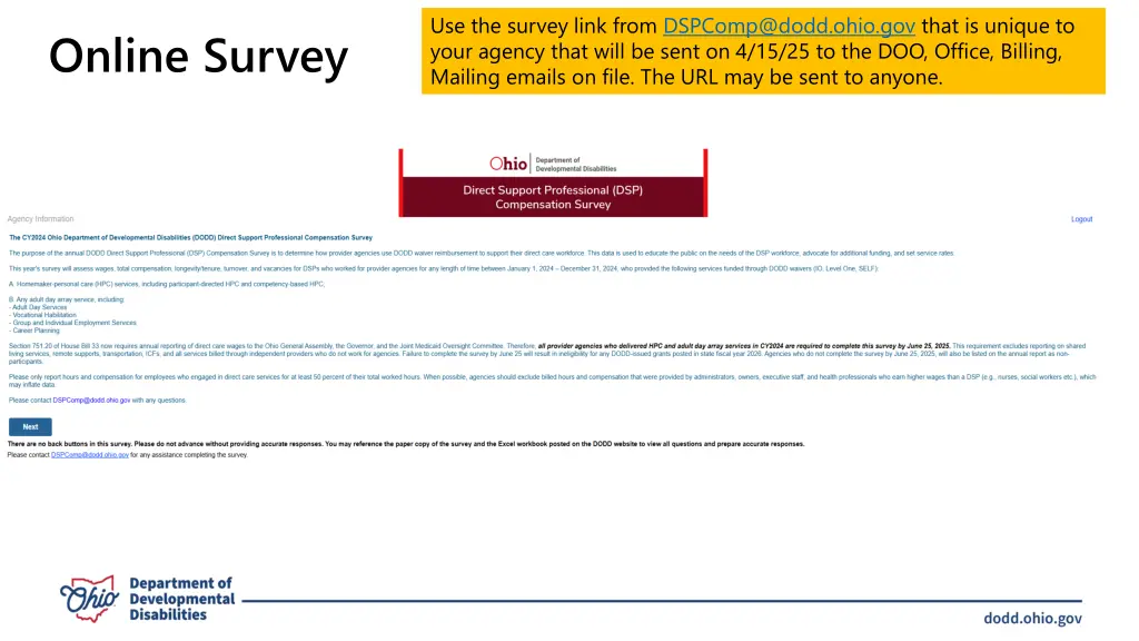 use the survey link from dspcomp@dodd ohio